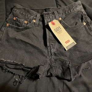 Levi‘s 501 High Rise Black Distressed Denim Shorts